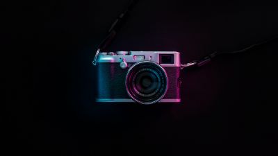 Vintage Camera, Fujifilm, Black background, Purple light, SLR Camera, 5K, AMOLED