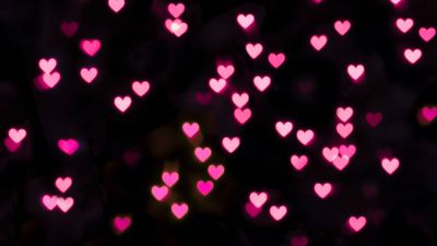 Pink hearts, Black background, Bokeh, Glowing lights, Vibrant, Blurred, Heart shape