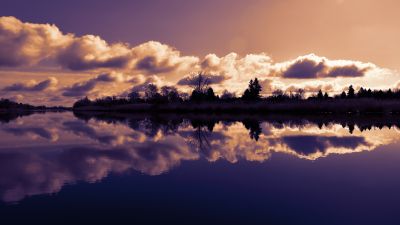 Lake, Sunset, Body of Water, Twilight, Evening sky, Clouds, Reflection, Trees, Dusk, Scenery, Panorama, 5K, 8K