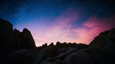 Rock formations, Joshua Tree National Park, California, Night time, Starry sky, Outer space, Astronomy, Landscape, Dusk, Sunset