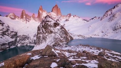 Glacier mountains, Winter, Snow covered, Body of Water, Sunrise, Peaks, Clear sky