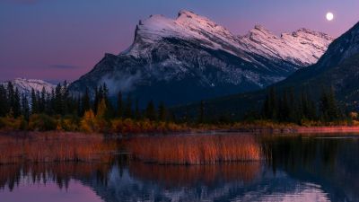 Vermilion Lakes, Canada, Canadian Rockies, Glacier mountains, Snow covered, Blue Sky, Reflection, Moonrise, Landscape, 5K