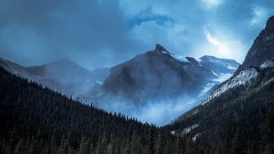 Yoho National Park, Canada, Mountain range, Misty mountains, Snow covered, Cloudy Sky, Alpine trees, Landscape, 5K