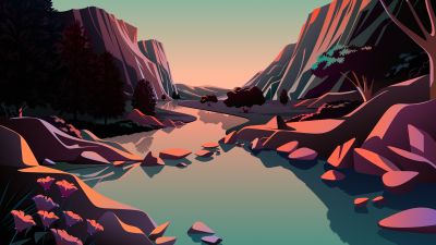 macOS Big Sur, Mountains, River, Rocks, Sunrise, Daylight, Scenery, Illustration, iOS 14, Stock, 5K