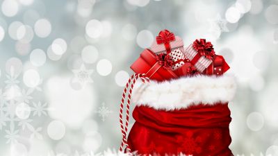 Gifts, Santa's bag, Presents, Bokeh, Lights, Christmas Eve, Xmas background, Navidad, Noel