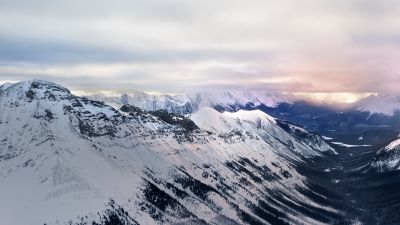 Glacier mountains, Snow covered, Sunrise, Landscape, Mountain range, Misty, Cloudy, Winter