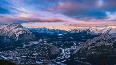 Banff National Park, Sulphur Mountain, Canada, Sunset, Bow Valley vantage point, Landscape, Snow covered, Winter, Village, Mountain range, Landscape