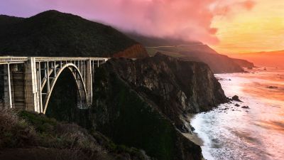 Bixby Creek Bridge, California, Sunset, Orange sky, Big Sur, Coastline, Foggy, Landscape, Long exposure, Ocean, Architecture