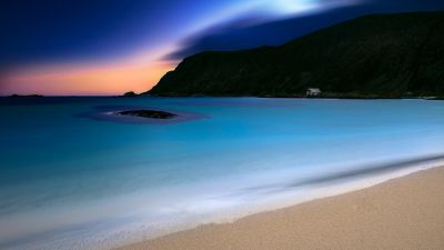 Grotlesanden Beach, Sunset, Norway, Coastal, Ocean blue, Seascape, Night time, Dusk, Landscape, Long exposure, 5K