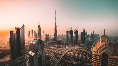 Burj Khalifa, Dubai, United Arab Emirates, Sunrise, Highway junction, Skyscrapers, High rise building, Modern architecture, Aerial view, Cityscape