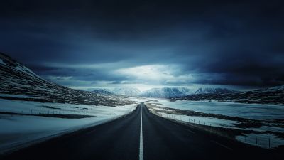 Iceland's Ring Road, Endless Road, Landscape, Snow covered, Winter, Glacier mountains, Calm, Dark clouds, Vanishing point