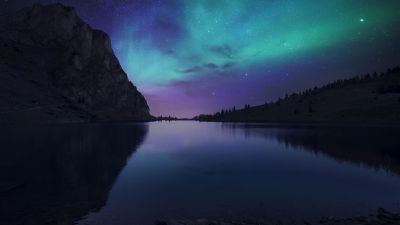 Bannalpsee, Switzerland, Aurora Borealis, Starry sky, Landscape, Mountains, Silhouette, Astronomy, Digital composition, Body of Water, Reservoir, Reflection