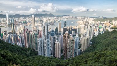 Hong Kong City, Victoria Peak, Skyline, Cityscape, Daytime, Aerial view, Skyscrapers, Clouds, Harbor