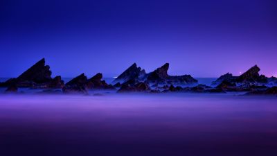 Rocky coast, Aesthetic, Seascape, Purple sky, Landscape, Dusk, Long exposure, Scenic, 5K, 8K
