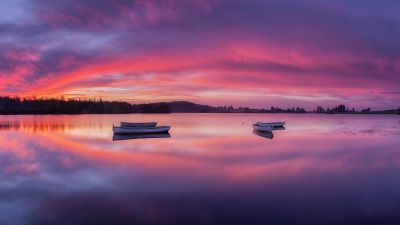 Loch Lomond, The Trossachs National Park, Mirror Lake, Sunrise, Boats, Body of Water, Landscape, Scenic, Purple sky, Long exposure, 5K