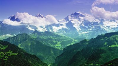Jungfrau peak, Eiger, Monch, Bernese Alps, Switzerland, Summit, Landscape, Glacier mountains, Snow covered, Green, Clouds