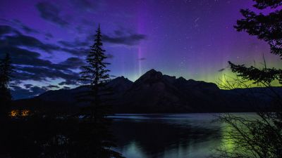 Lake Minnewanka, Aurora Borealis, Banff National Park, Alberta, Canada, Landscape, Dusk, Night time, Starry sky, Clouds