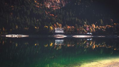 Lake Molveno, Italy, Lakeside, Wooden House, Green Trees, Reflection, Forest, Landscape, 5K