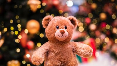 Teddy bear, Cute Christmas, Brown, Bokeh, Lights, Gift, Cute Bear, Fluffy Bear, Dolls, 5K