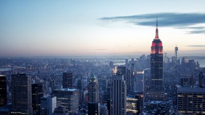 New York City, Cityscape, City Skyline, Sunset, Dusk, Skyscrapers, Aerial view, City lights