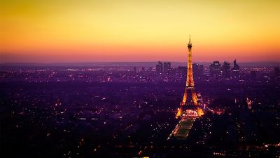 Eiffel Tower, Paris, France, Cityscape, City lights, Sunset, Orange sky, Landmark, Tourist attraction, Famous Place, Horizon, Skyline