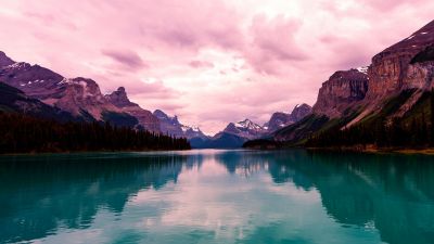 Maligne Lake, Aesthetic, Canada, Purple sky, Mountain range, Reflection, Landscape, Scenery, Long exposure