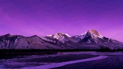 Jasper National Park, Purple aesthetic, Alberta, Canada, Morning glow, Purple sky, Rocky Mountains, Landscape, Long exposure, Mountain range, Scenery, 5K