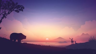 Sunrise, Illustration, 8K, Landscape, Scenery, Gradient background, Bear, Deer, Early Morning, 5K