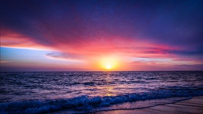 Seascape, Seashore, Sunset, Ocean Waves, Beach, Purple sky, Horizon, Reflection, Coastline, Landscape, Scenery, 5K, 8K