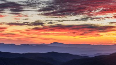 Blue Ridge Parkway, Blue Ridge Mountains, Aerial view, Sunrise, Orange sky, Cloudy Sky, Landscape, Mountain range, 5K