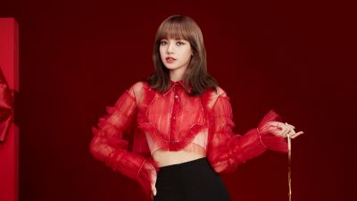 Lisa, Blackpink, K-Pop singer, Red background, 5K