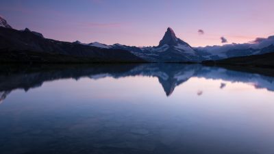 Matterhorn, Stellisee, Switzerland, Lake, Reflection, Evening sky, Landscape, Scenery, Clear sky, Swiss Alps, Clouds, Mountain Peak, 5K