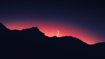 Sunset, Mountain silhouette, Crescent Moon, Night time, Landscape, 5K