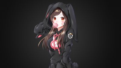 DVa, Kawaii, Overwatch, Dark background, Anime girl