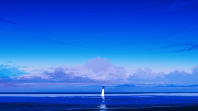 Alone, Beach, Lonely, Mood, Blue Sky, Horizon, Panoramic, 5K