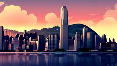 Hong Kong, Illustration, Cityscape, Sunset, Buildings, Skyscrapers