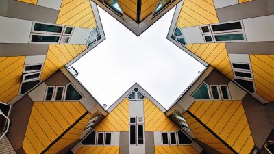 Cube Houses, Modern architecture, Sky view, Rotterdam, Netherlands