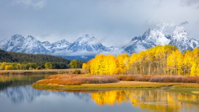 Grand Teton National Park, Autumn, Winter, Mountains, Lake, Cloudy, Fall, Reflection