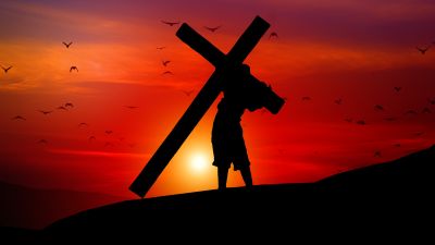 Jesus Cross, Sunset, Orange sky, Silhouette, Religion, Faith, Crucifixion, Christianity, Symbol, 5K