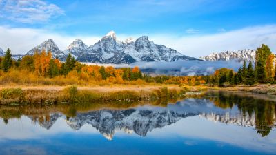 Grand Teton National Park, Mountains, Teton mountain range, Autumn, Lake, Reflection, Blue Sky, Landscape, Scenery