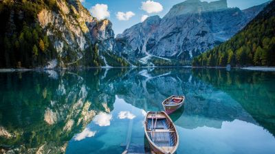 Wooden boat, Mirror Lake, Reflection, Mountain View, Pond, Landscape, Scenery
