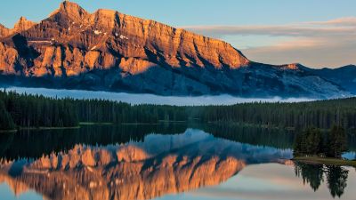 Lake Minnewanka, Sunrise, Canadian Rockies, Brown Mountains, Reflection, Mountain range, Landscape