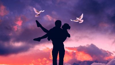 Couple, White Pigeons, Silhouette, Romantic, Surreal, Sunset, Moon, Love Birds, Lifting