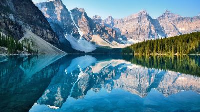 Moraine Lake, Canada, Pine trees, Landscape, Reflection, Scenery, Mountain range, Turquoise water, Daytime, 5K