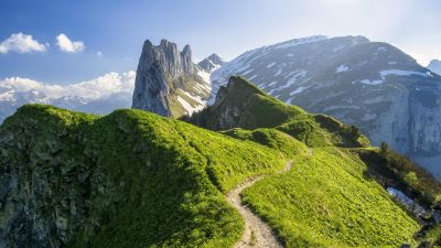Appenzell Alps, Switzerland, Mountain range, Glacier mountains, Snow covered, Hiking trail, Landscape, Scenery, Daytime, 5K