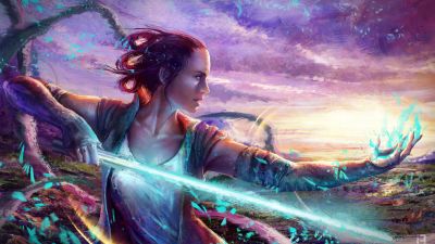 Rey, Star Wars: The Force Awakens, Fictional character, Lightsaber, Digital paint, 5K