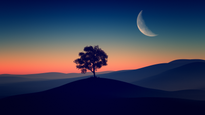 Solitude Tree, Crescent Moon, Silhouette, Sunset, Dusk, Gradient, Landscape, Scenic, Clear sky