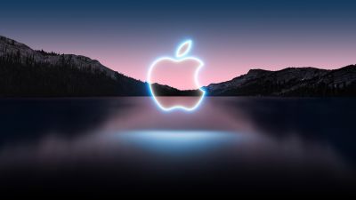 Apple Event 2021, Apple logo, Glowing, Reflection, Lake, Mountains, Sunset, Dark, Landscape