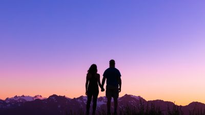 Couple silhouette, Romantic, Together, Lovers, Hands together, Sunrise, Glacier mountains, Clear sky, Outdoor, 5K