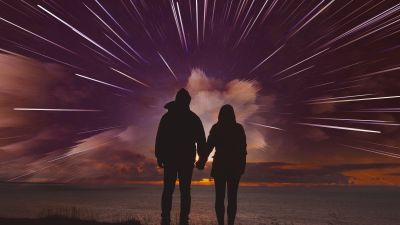 Couple, Silhouette, Romantic, Night, Star Trails, Hands together, Lovers, Date night